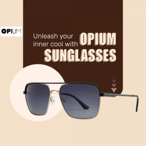 Close-up of Opium brand sunglasses with text promoting inner cool.