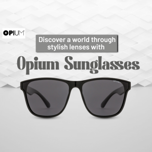 Opium Sunglasses advertisement featuring a pair of black framed sunglasses.