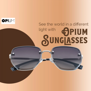 A stylish pair of Opium sunglasses displayed with a brown and peach background.