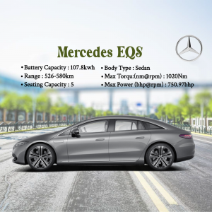 Gray Mercedes EQS electric sedan driving on a road with specifications listed.