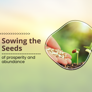 Hand sowing seeds with a seedling growing, representing prosperity and abundance.
