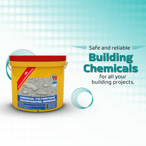 Red bucket of Universal Polyurethane Waterproofing Membrane with text 'Safe and reliable Building Chemicals'