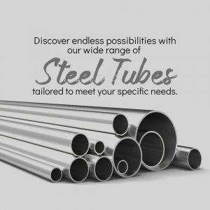Pile of shiny steel tubes with text promoting a wide range of steel tube products.