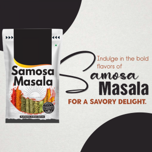 Packaging of Samosa Masala spice blend with ingredients displayed.