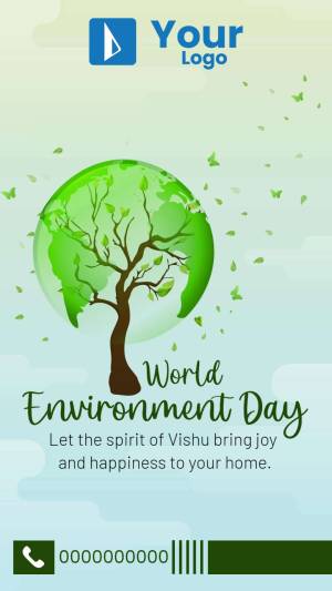 World Environment Day graphic with a tree on a globe and Vishu greetings.