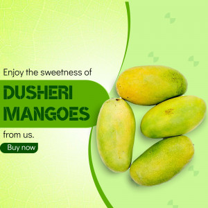 A promotional image featuring fresh Dusheri mangoes with text 'Enjoy the sweetness of DUSHERI MANGOES'