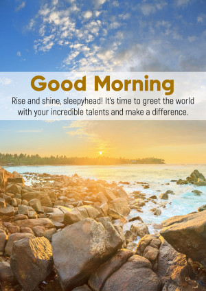 Sunrise over a rocky beach with the text 'Good Morning'