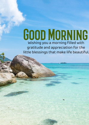 Scenic beach view with a 'Good Morning' message