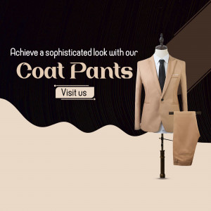 Mannequin wearing a beige coat and pants suit with a tie.