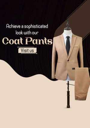 A promotional image featuring a tan coat pants suit on a mannequin.