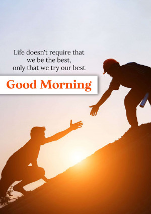 Silhouette of two people helping each other climb a hill with a sunrise background and motivational text.