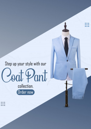 Mannequin wearing a light blue coat pant suit with promotional text.