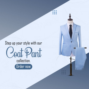 Mannequin wearing a light blue coat pant suit with a matching pant displayed alongside.