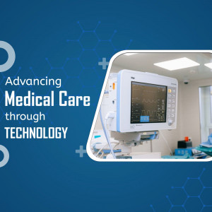 Medical equipment in a hospital setting with text overlay 'Advancing Medical Care through Technology'