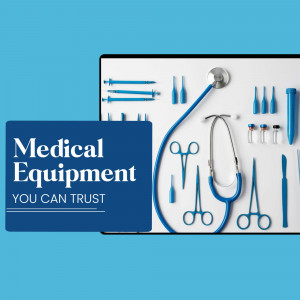 Medical equipment including stethoscope, scissors, and surgical tools on a white tray.