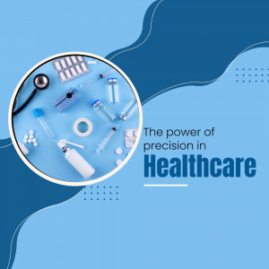 Healthcare supplies and medical tools arranged in a circular frame with text 'The power of precision in Healthcare'