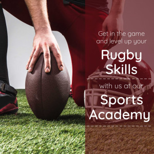 Close-up of a rugby player with a ball and helmet, promoting sports academy training.
