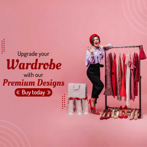 Woman posing next to a clothing rack with a call to action to upgrade your wardrobe.