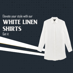 White linen shirt on a dark blue background with text promoting the product.