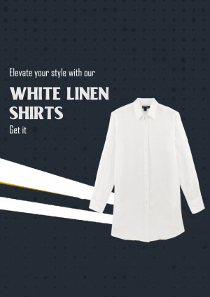 White linen shirt on a dark blue background with text promoting the product.