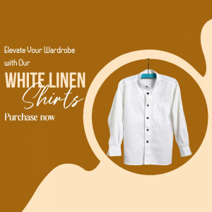 Image of a white linen shirt on a hanger with promotional text.