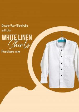 A promotional image featuring a white linen shirt hanging on a turquoise hanger against a warm brown background.
