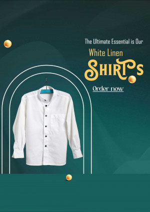 White linen shirt hanging on a hanger against a teal background with abstract shapes.