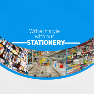 Collage of a stationery store with text 'Write in style with our STATIONERY'