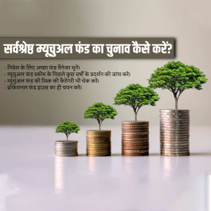 Image depicting financial growth with stacked coins and growing plants, with text in Hindi about choosing mutual funds.
