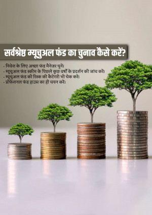 Image depicting financial growth with coins stacked as tree pots and lush green trees, with text in Hindi about mutual fund selection.
