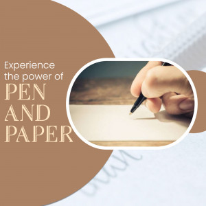 Hand writing with a pen on paper, with a brown background and text overlay.