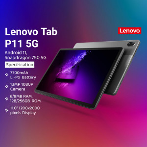 Lenovo Tab P11 5G tablet with specifications displayed