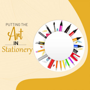 Stationery items arranged in a circular design with the text 'Putting the Art in Stationery'