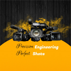 Professional video camera with yellow smoke and text 'Precision Engineering Perfect Shots'
