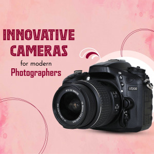 Black DSLR camera on a pink abstract background with text 'Innovative Cameras for modern Photographers'