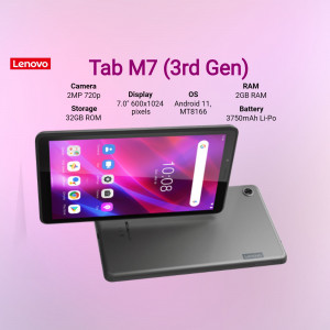 Lenovo Tab M7 (3rd Gen) tablet in gray color, displaying its specifications.