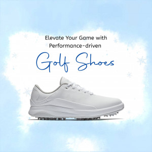 White golf shoes on a light blue background with text 'Elevate Your Game with Performance-driven Golf Shoes'