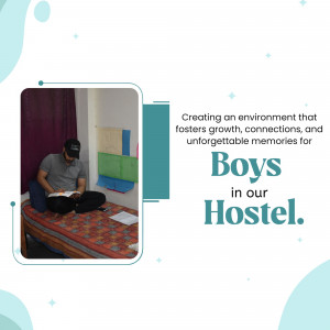 A boy studying in a hostel room with text promoting a supportive environment.