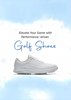 White golf shoes on a blue background with text 'Elevate Your Game with Performance-driven Golf Shoes'