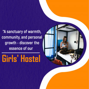 A promotional image for a girls' hostel featuring a woman relaxing in a bunk bed.