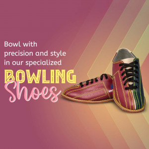 Close-up of bowling shoes with text promoting precision and style.