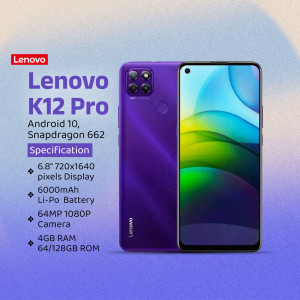 Lenovo K12 Pro smartphone with purple gradient back and specifications