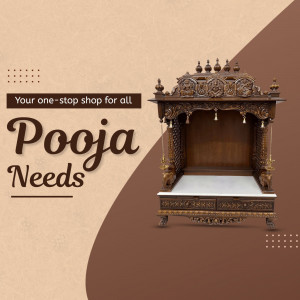 Elegant wooden pooja mandir with decorative details and the text 'Pooja Needs'