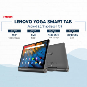 Lenovo Yoga Smart Tab with stand, displaying Android 9.0 interface