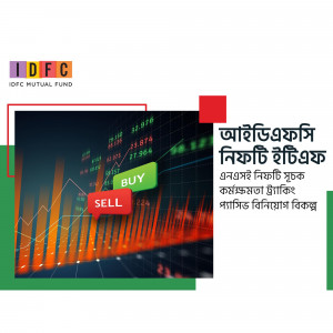 IDFC Mutual Fund advertisement with stock market data and buy/sell indicators.