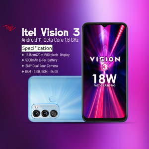 Itel Vision 3 smartphone with specifications displayed