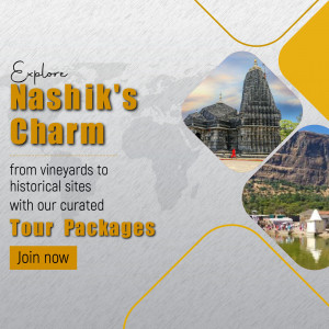 Promotional image for Nashik tour packages featuring vineyards, historical sites, and Trimbakeshwar Temple.