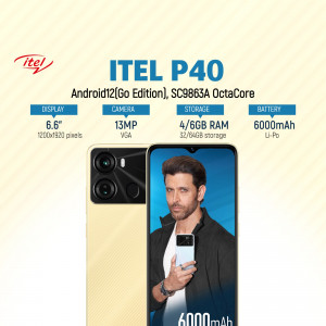 Itel P40 smartphone with a beige textured back and a 6.6-inch display featuring a celebrity endorsement.