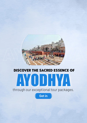 Promotional image for Ayodhya tour packages featuring a view of a temple and the text 'Discover the Sacred Essence of Ayodhya'
