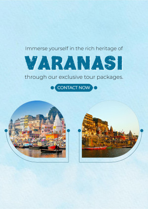 Varanasi tour packages advertisement with images of ghats and temples.